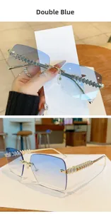 Detail of rimless square sunglasses with gradient blue lenses and geometric gold metal arms