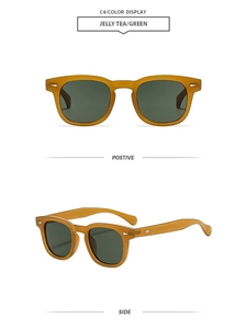Detailed views of jelly tea square sunglasses with green lenses and silver diamond rivets