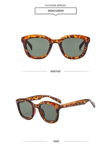Detailed views of C5 vintage tortoiseshell square sunglasses with dark green lenses