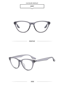 Detailed front and side views of grey transparent cat-eye blue light blocking glasses