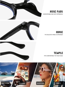 Détails macro des lunettes noires montrant les plaquettes, charnières et taille gravée