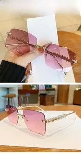 Detail of rimless square sunglasses with pink gradient lenses and gold studded temples