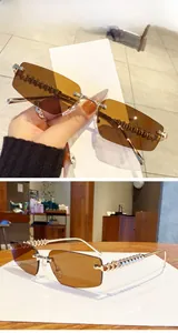 Detailed view of frameless brown sunglasses with golden pyramid studded temples