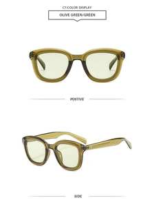 Front and side view of olive green retro square sunglasses with transparent frames