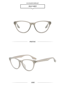 Front and side views of jelly grey cat eye glasses frames with slim temples design