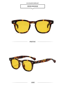 Detailed views of tortoise frame sunglasses with orange lenses and metal rivet accents