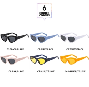 Collage of retro cat-eye sunglasses in six stylish color combinations and thick frames