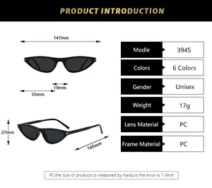 Detailed size specifications for vintage cat-eye sunglasses model 3945 with 147mm width