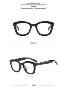 Detailed front and side view of black vintage square optical frames with smooth finish