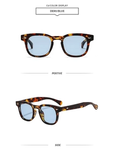 Front and side views of square demi frame sunglasses with blue lenses and retro style