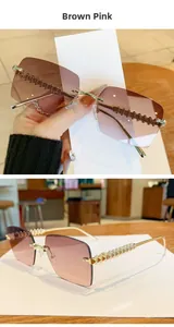 Detail of rimless brown pink gradient lenses and gold metal temples with pyramid rivets