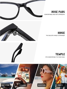 Detail view of black cat-eye frame glasses showing integrated nose pads and hinges