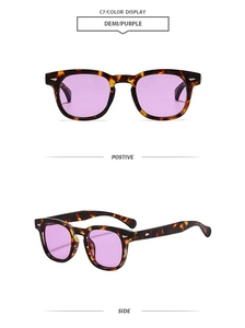 Detail view of demi square sunglasses with purple lenses and metal accents