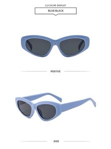 Detail view of cat eye sunglasses with blue frames and black lenses from multiple angles