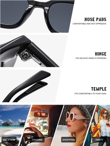 Detail view of square sunglasses with nose pads, hinges and lifestyle wearing scenes