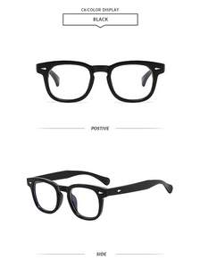 Close-up of black retro square frame sunglasses with metal rivets from front and side views
