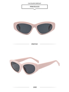 Pink cat-eye sunglasses with dark grey lenses shown from front and side angles