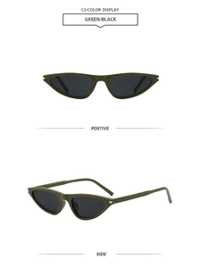 Front and side views of green cat eye sunglasses with silver rivets and black lenses
