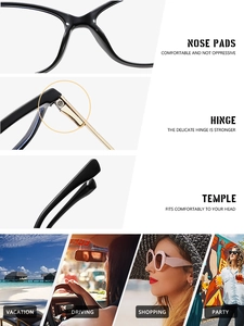 Detail of nose pads, metal hinges, and ergonomic temples on black cat-eye glasses