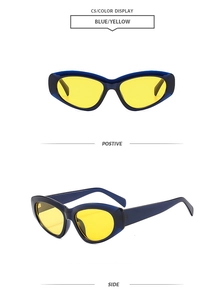 Detail view of retro cat eye sunglasses with blue transparent frames and yellow lenses