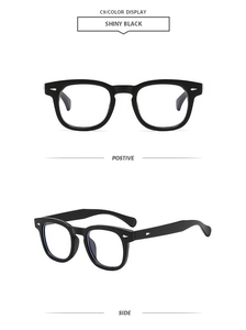 Detailed view of shiny black square sunglasses frames with silver rivets from two angles