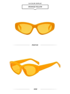 Detailed front and side views of orange retro cat eye sunglasses with resin frames