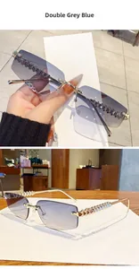 Detail of rimless polygon sunglasses with double grey blue gradient lenses and gold temples