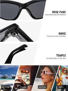 Detailed views of cat-eye sunglasses featuring durable hinges and ergonomic temple arms