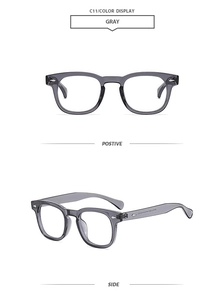 Macro detail of classic square gray translucent sunglasses with side and front views