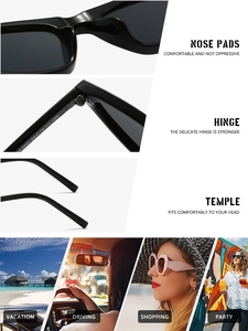 Detail shot of black cat-eye sunglasses with hinge view and lifestyle usage scenes