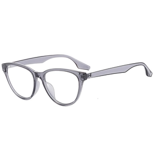 Fashionable cat-eye anti-blue light glasses with a translucent grey frame on white background