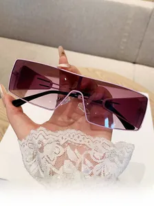 Detail of purple square oversized wrap around sunglasses with stylish tinted lenses