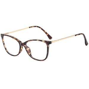 Classic tortoise shell cat-eye glasses frame with slim gold metal temples and clear lenses