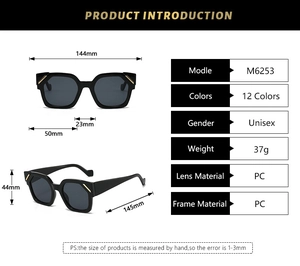 Detailed size specifications for vintage polygon sunglasses with PC frame measurements