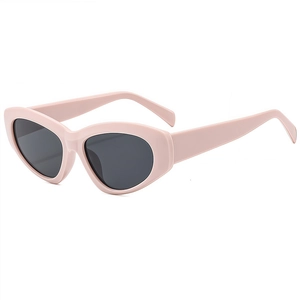 Retro cat-eye sunglasses with light pink thick frames and dark grey lenses for women