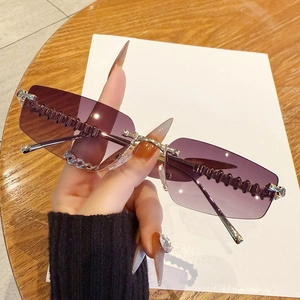 Vintage Rimless Rectangle Sunglasses Women Metal Rivet Temples UV400 Gradient AC Lens Retro Y2K Fashion Eyewear