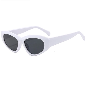 Retro cat-eye sunglasses with thick white frames and dark lenses shown from a 45-degree angle