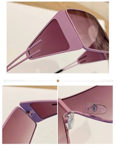 Detail of purple oversized sunglasses with matte finish and geometric cut temples