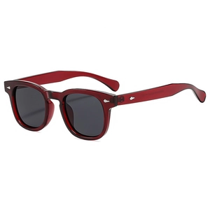 Classic retro wine red square frame sunglasses with dark grey lenses and silver rivets