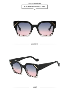 Detail view of black leopard frame sunglasses with blue-pink gradient lenses