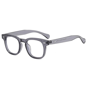 Classic square gray transparent frame sunglasses with metal hinge detail and 45-degree view