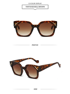 Detailed front and side views of tortoiseshell sunglasses with brown gradient lenses