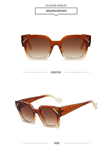 Front and side views of vintage polygon sunglasses with brown gradient lenses