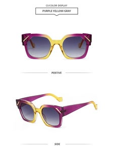 Front and side views of polygon sunglasses with purple-yellow gradient frame and gray lenses