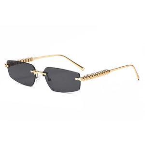 Modern rimless polygon sunglasses with gold metal铆钉 studs and dark grey lenses