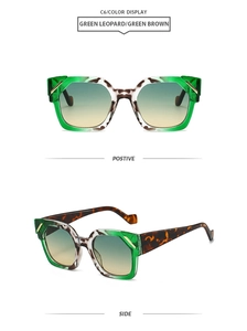Detail view of green leopard polygon sunglasses with yellow-green gradient lenses