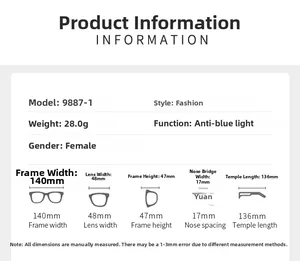 Detailed size chart for cat eye glasses with precise frame measurements and weight info