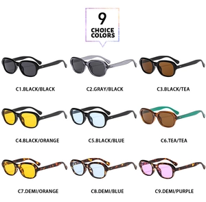 Matrix view of nine retro oval sunglasses in various acetate frames and lens colors