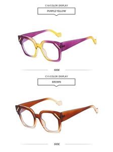 Detail view of purple-yellow and brown gradient geometric sunglasses side frames