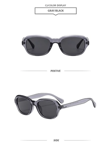 Detail view of stylish grey translucent sunglasses with black lenses from two angles